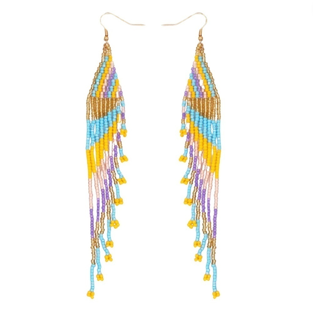 Goldtone Seed Bead Drop Earrings In Mustard And Turquoise - Picture 1 of 1
